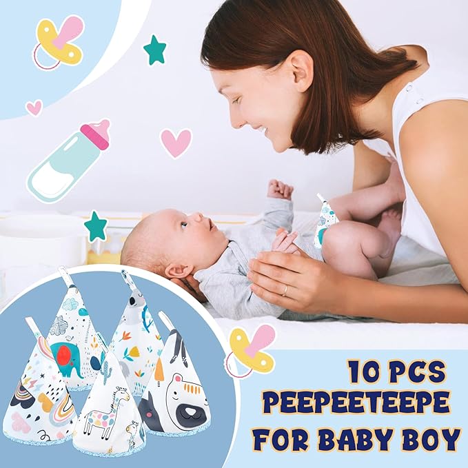 10 Pcs Coral Velvet Peepeeteepe Baby Boy with Storage Bag & Laundry Bag, Strong Water Absorption Pee Peep Teepee for Baby Boy, Reusable Pee Covers for New Parents Gift