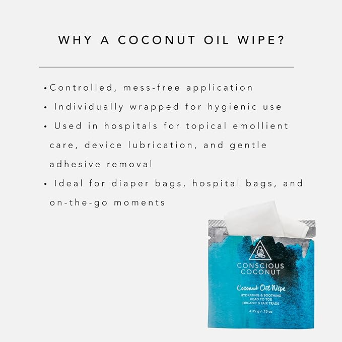 Organic Coconut Oil Baby & Postpartum Wipes – Fragrance-Free, Individually Wrapped, Biodegradable Bamboo Wipes for Newborn & Maternal Skin Care – Conscious Coconut