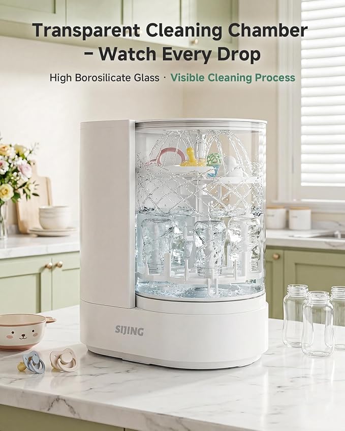 SIJING Bottle Washer & Sterilizer Dryer, Glass Baby Bottle Washer, No Plastic Contact, Automatic Bottle Cleaner with 360° Spray, High-Temp Steam for Pump Parts
