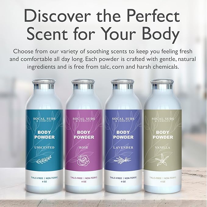 SoCal Suds & Company - Natural Body Powder Talc-Free - with Arrowroot Powder, Kaolin, Aspen Bark Extract for Soft Soothing Delicate Skin - Vanilla 4oz, 1-Pack