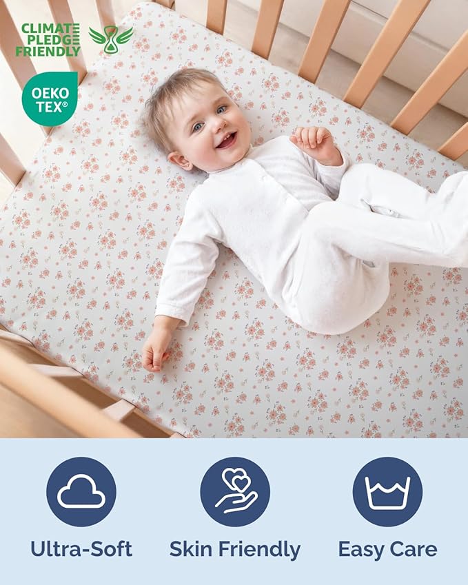 2-Pack Mini Crib Sheets Fitted - Pack N Play Sheets for Pack and Play Mattress - Stretchy Soft Microfiber Playard Bedding - Mini Toddler Bed Cover Boys & Girls - Easy-Fit, Oeko-Tex, 38 x 24in - Floral