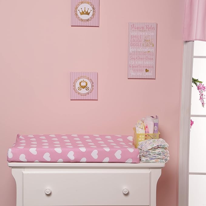 EVERYDAY KIDS 2 Pack Baby Changing Pad Covers for Baby Girl – Fits Most Changing Table Pads; 100% Cotton Jersey Knit, Breathable, Soft Changing Table Topper – Gray, White Dots and Pink. White Hearts