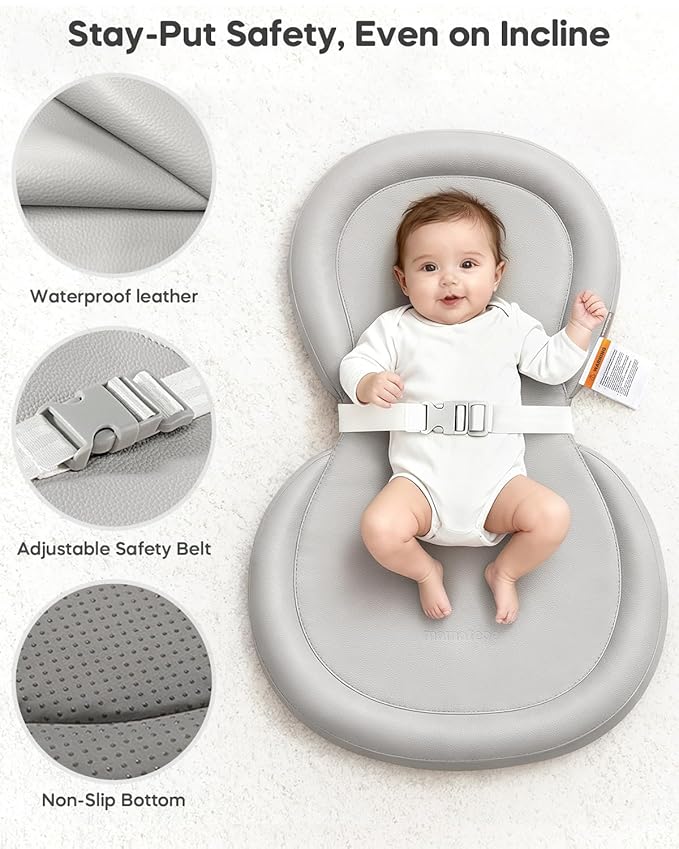 Waterproof Peanut Baby Changing Pad, Foldable Travel On-the-Go for Dresser & Changing Table, Wipe-Clean PU Diaper Pad with Non-Slip & Adjustable Safety Belt, 24"x16", Gray