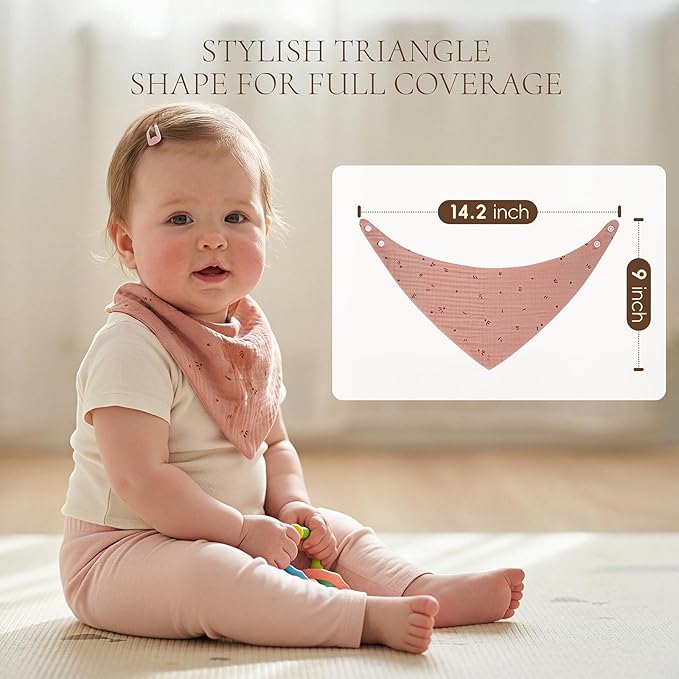 Tunnkit Muslin Baby Bibs, 10 Pack Triangular Bibs for Girls and Boys, Extra Absorbent Baby Bandana Drool Bibs for Newborn and Infants, Baby Essentials for Teething and Drooling