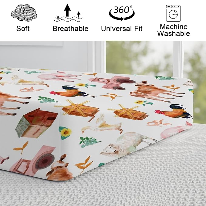 Watercolor Farm Animals Changing Pad Cover Barn Cow Lamb Chicken Pig Hen Duck Tractor Diaper Change Table Cover Sheets for Boys Girls Soft Stretchy Fitted Changing Mat Sheets