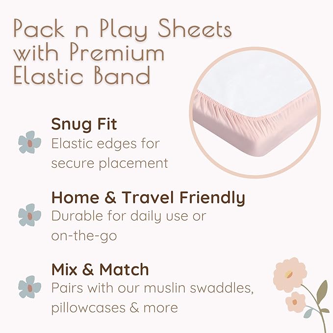 2 Pack Mini Crib Sheets - Jersey Cotton Pack and Play Sheets Fitted, 27" x 39", Fits Graco Pack n Play Mattress, Soft Playpen Sheets Pack n Play, Oeko-Tex, (Floral Pink Pack and Play Mattress Sheets)