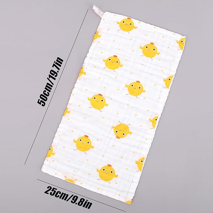 Yellow chick print Cotton square towel with 6 layers of gauze (19.7x9.8 inches), washable children's face towel, printed reusable drool towel, essential for newborns patterned burp cloths towels