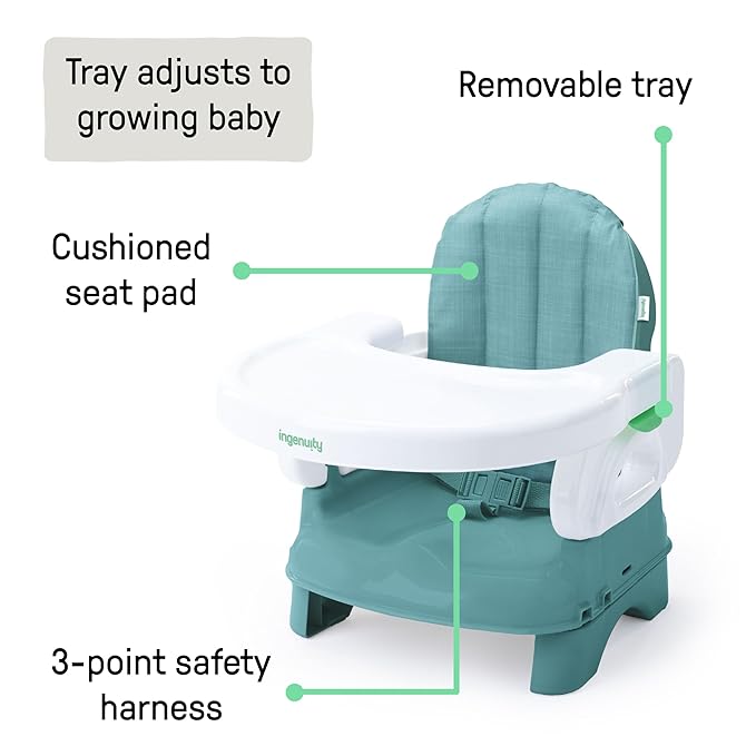 Ingenuity Deluxe Comfort Booster Seat for Kitchen Chair, Compact Fold, Portable, Lightweight, Toddler Booster Seat for Dining Table, from 6 Months to 3 Years – Teal