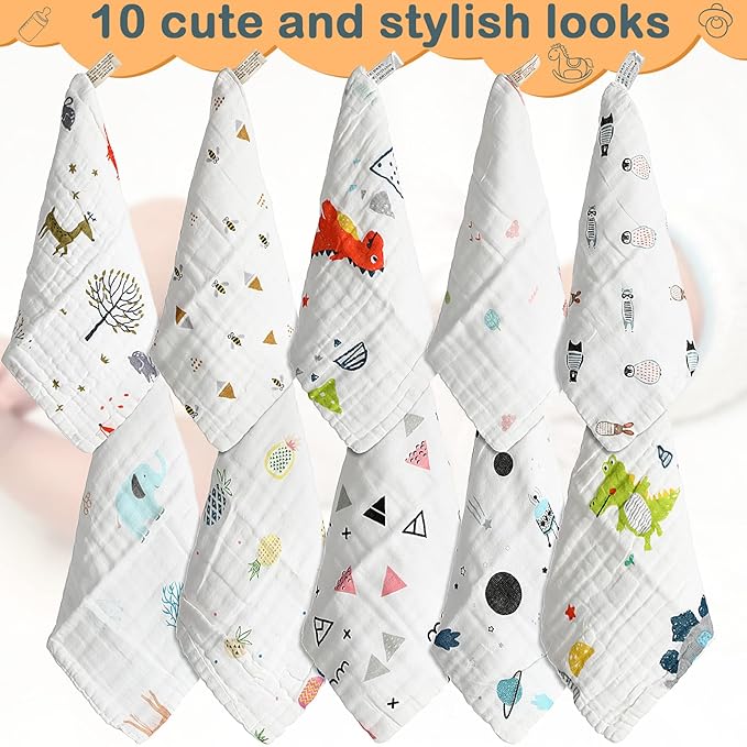 Chumia 20 Pack Baby Muslin Burp Cloths Baby Wash Cloths with Sensitive Skin 6 Layer Newborn Cotton Face Towels Drool Bib Soft Bath Towel Absorbent for Toddler Kids Shower 10 x 10 Inch
