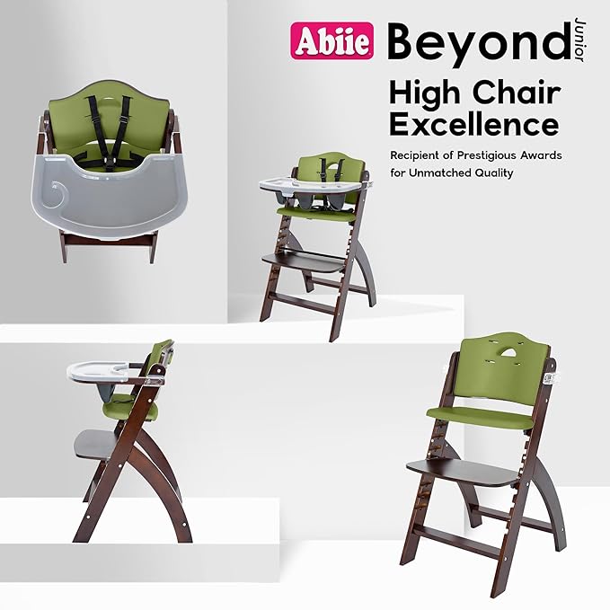 Abiie Beyond Junior Wooden High Chair for Babies and Toddlers - Convertible 3-in-1 Baby Highchair with Removable Tray - 6 Months to 250 Lb - Water Resistant - Mahogany Wood/Olive Cushion