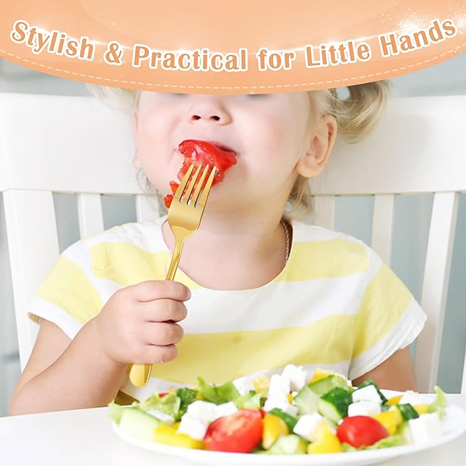 E-far 12-Piece Toddler Silverware, Stainless Steel Kids Utensils Forks and Spoons, Children Safe Mirror Polished Metal Cutlery Set for Self Feeding, 6 Forks & 6 Spoons(Gold)