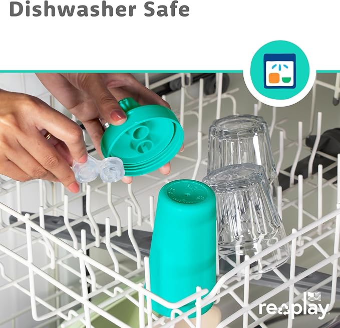 Re-Play Spill-Proof Sippy Cups for Toddlers - Kids Reusable 10 Oz Set of 3, Dishwasher & Microwave Safe, Made in USA, A True Blue