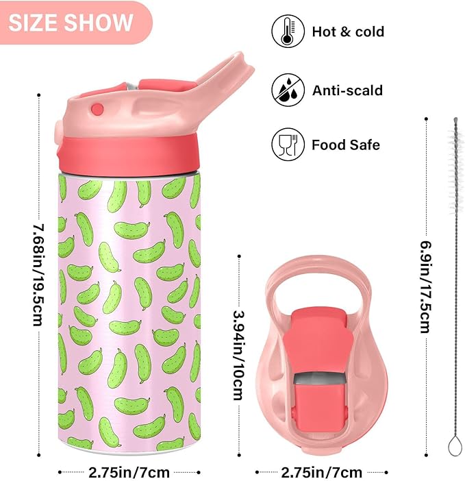 Kawaii Panda Kids Water Bottle with Straw and Carry Handle Cute Bear Pink Vacuum Insulated Stainless Steel Bottles Leak-Proof for Boys Girls Toddler 12 oz Pink Lid