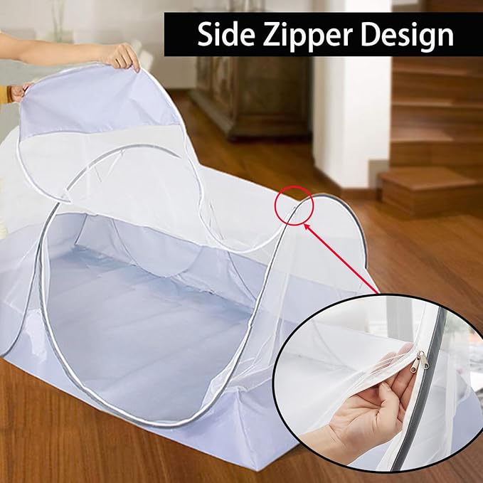 CMINGJ Foldable Mosquito Net Tent Portable Mosquito Net Pop-Up Travel Mosquito Net for Bed Free Installation-Suitable for Baby Adults Bedroom, Camping, nap, Patio (Large-Side Zipper(White net))