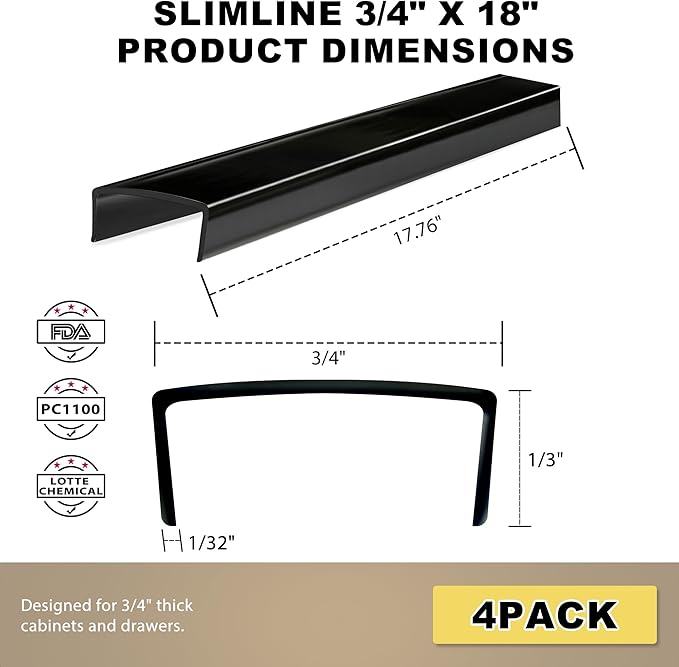 Cabinet Protectors for Kitchen Cabinets, Black Cabinet Door Protector Trash Drawer Protector Edge Guard, Plastic Slip on Protectors for Cabinets– 3/4" Thick, 18" Length