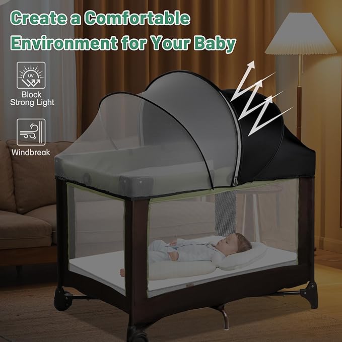 Pack N Play Tent Cover & Bassinet Canopy - Half-Blackout Breathable Mosquito Net with 2-Way Zipper for Bassinet, Travel Crib, Mini Crib & Playpen to Keep Cats Out (Black-Large)
