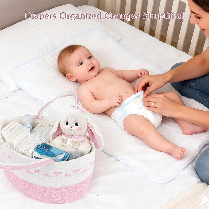 Diaper caddy Organizer, Cotton Rope Gift Basket with Removable Divider, Nursery Storage Organizer for Baby Essentials, Changing Table Diaper Storage Caddy (Pink)