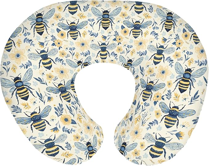 Bees Flowers Nursing Pillow Covers for Boy Girl Vintage Bees Boho Wildflowers Nursery Slipcover for Breastfeeding Pillows Bee Floral Spring Summer Soft Stretchy Removable Covers for Newborn Infant