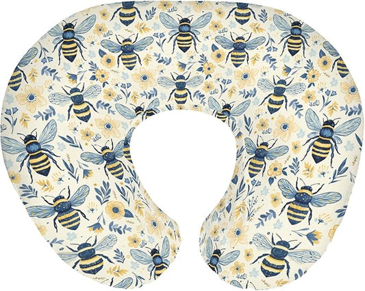Bees Flowers Nursing Pillow Covers for Boy Girl Vintage Bees Boho Wildflowers Nursery Slipcover for Breastfeeding Pillows Bee Floral Spring Summer Soft Stretchy Removable Covers for Newborn Infant