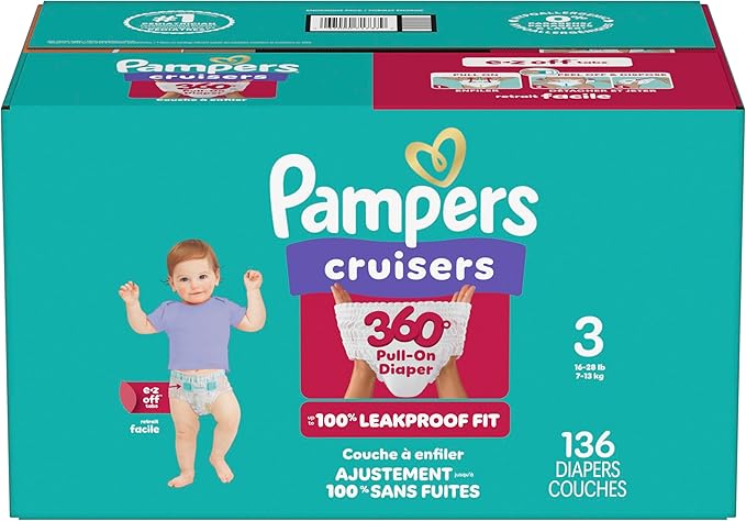 Pampers Diapers - Cruisers 360 - Size 3, 136 Count, Babyproof up to 100% Leakproof Pull-On Diaper