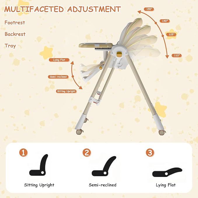 High Chairs for Babies and Toddlers, Foldable High Chair with Lockable Wheels, 4-in-1 Convertible, Adjustable Reclining Seat with Leg Rest & 5-Point Harness, Soft Cushion, Portable When Folded, Beige