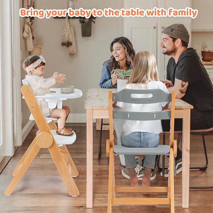 Ezebaby Wooden High Chair for Babies and Toddlers, Foldable High Chair with Adjustable Seat Height and Footrest, Grows with Your Child, Cushion and Large Double Layer Tray(White)