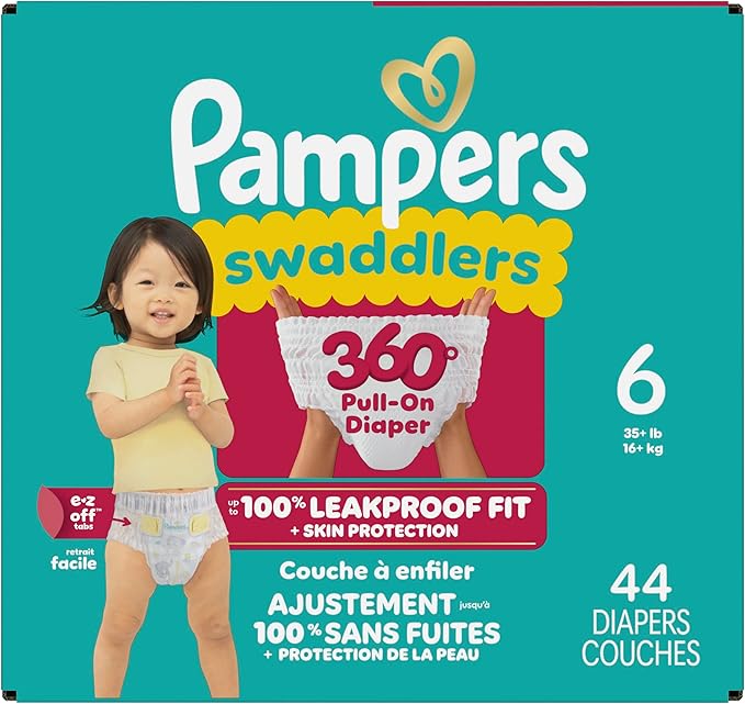 Pampers Diapers - Swaddlers 360° - Size 6, 44 Count, up to 100% Leakproof Comfy Dry Fit, Designed for Easy Changes, Pull On Baby Diaper (Packaging May Vary)
