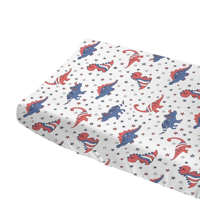 Patriotic Dinosaurs Baby Changing Pad Covers for Boy Girl 32''x16'' Cartoon Dinosaur American Flag Stars Unisex Fitted Diaper Changing Table Sheets Comfort Soft Breathable Baby Changing Table Mats