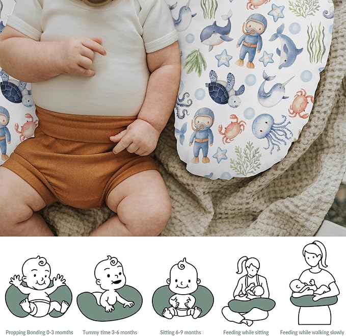 Sea Animal Baby Nursing Pillow Cover for Boy Girl Diver Turtle Jellyfish Whale Sea Weeds Starfish Nursing Slipcover for Breastfeeding Pillows Cute Ocean Animals Soft Stretchy Cover for Newborn Infant