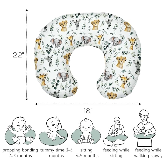 HawSkgFub African Safari Animal Eucalyptus Leaf Nursing Pillow Cover for Baby Boys, Jungle Elephant Giraffe Zebra Lion Breastfeeding Pillow Slipcover, Nursing Pillowcase for Newborn Infant, Cover Only