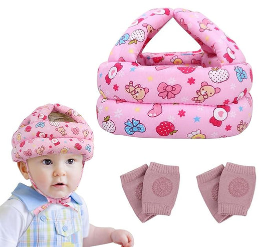 Baby Safety Helmet+2 Pairs Baby Crawling Knee Pads, Soft Comfortable Adjustable Baby Head Protective Cap Hat, Toddler Anti-Slip Knee Pads, for Baby Toddler Sitting Walking Climbing Running (Pink)