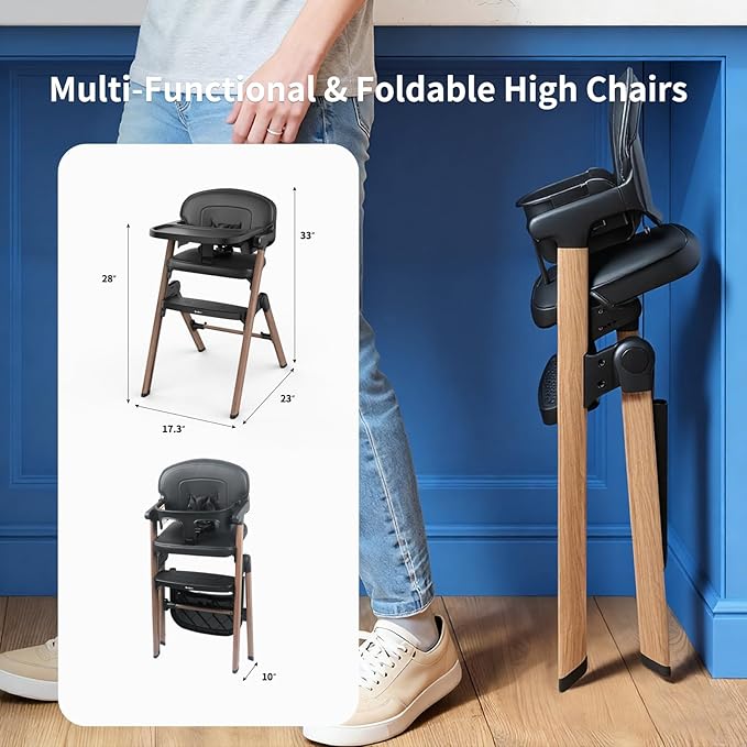 Babilous High Chair, Foldable High Chairs for Babies and Toddlers Ultra Safe for Infant or Adults Up to 150 Lbs, Easy Clean, Removable Tray/Adjustable Footrest for Baby Feeding HighChair, Black