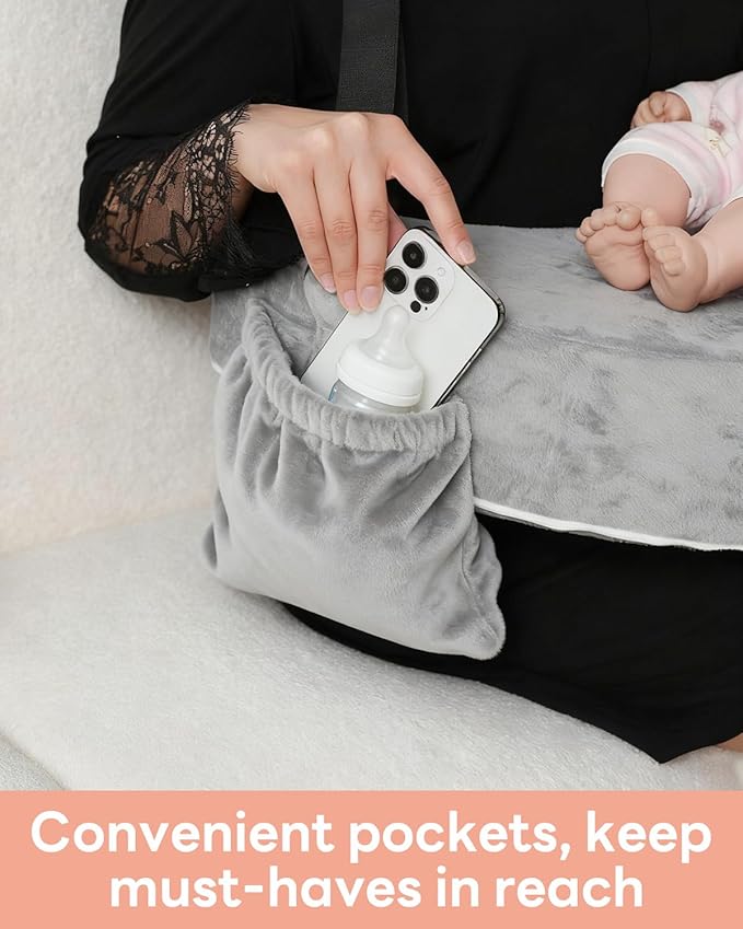 Nursing Pillow for Standing/Sitting Use- Springy Memory Foam for Support & Comfort, Large Breast Feeding Pillow - Safety Fence, Adjustable Waist Belt and Support Backrest, Removable Cover with Pocket