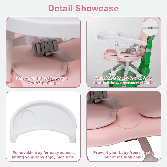 Baby Booster Seat for Dining Table with Removable Tray & Cushion, 3in1 Portable Toddler Booster Seat, 4 Height Adjustable Travel High Chair for Babies and Toddlers