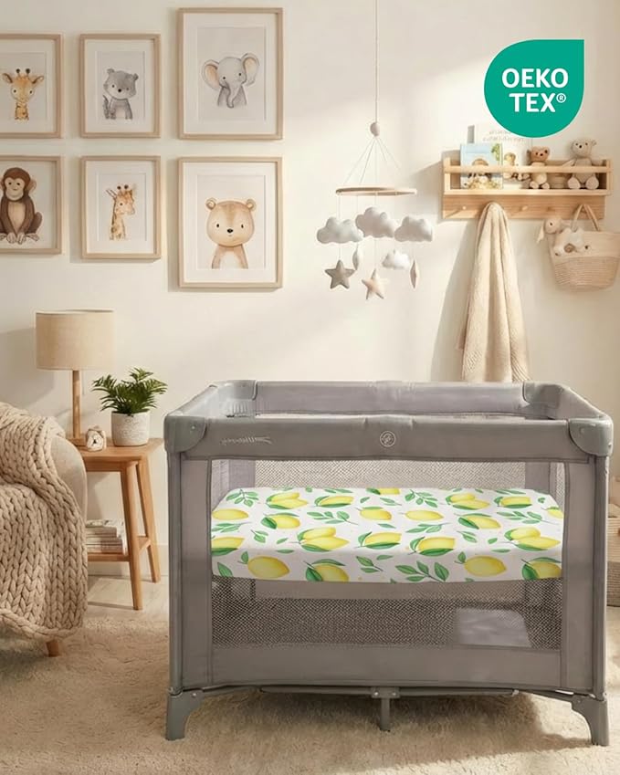 Pack and Play Sheets Fitted - 2 Pack Mini Crib Sheets for Pack N Play Mattress - Unisex Playard Microfiber Bedding for Boys & Girls - Soft, Breathable and Wrinkle Free - Oeko-Tex, 38 x 26in - Lemons