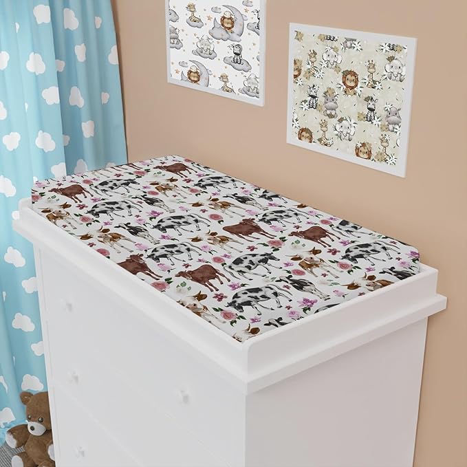 Cute Cows Changing Pad Covers Watercolor Cows Boho Floral Baby Nursery Diaper Changing Pad Sheets for Boys Girls Ultra Soft Breathable Stretch Changing Table Mat Sheets Cover 32''x16''