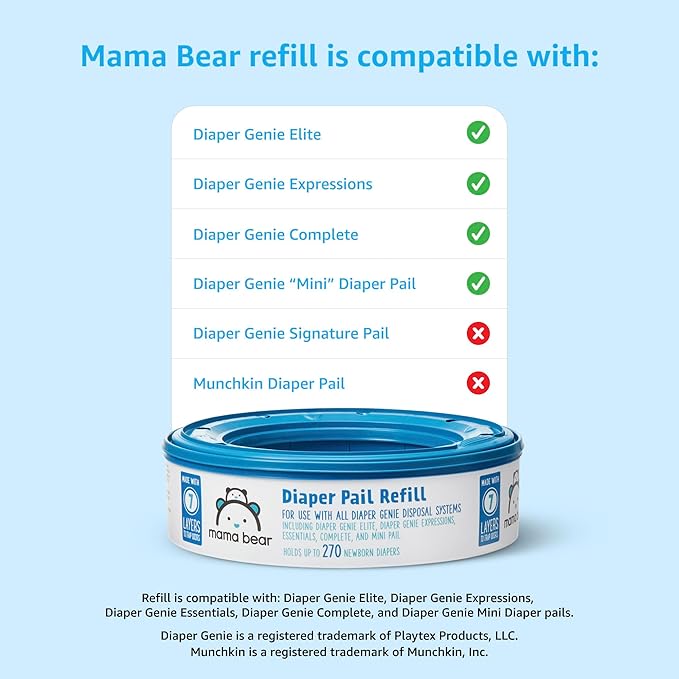 Amazon Brand - Mama Bear Diaper Pail Refills for Genie Pails, Odor Control, Unscented, 270 Count, 2-Pack