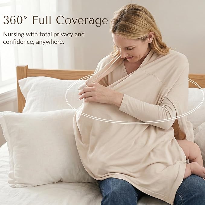 Konssy Nursing Cover for Breastfeeding, 360 Full Privacy Breathable Breastfeeding Cover, Multi-use Carseat Canopy (Blush Beige)
