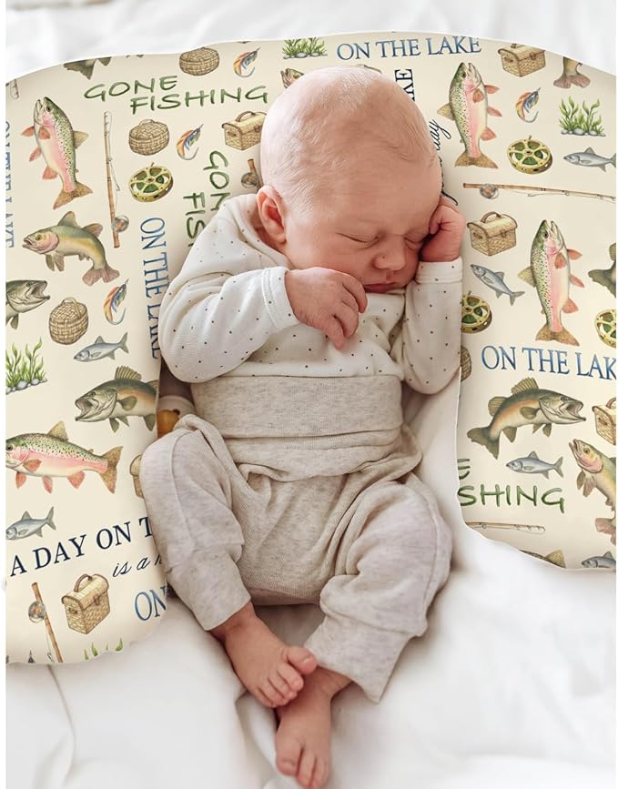 Gone Fishing Nursing Pillow Covers for Boy Girl Vintage Lake Fishing Lovers Gift Nursing Pillow Slipcovers for Breastfeeding Pillows Vacation Outdoors Adventure Soft Stretchy Cover for Newborn Infant