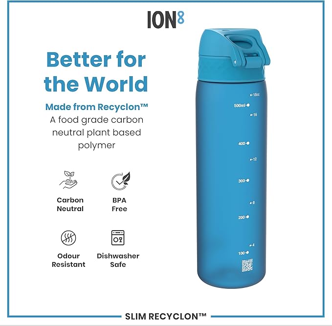 Ion8 Water Bottle, 500 ml/18 oz, Leak Proof, Easy to Open, Secure Lock, Dishwasher Safe, BPA Free, Hygienic Flip Cover, Carry Handle, Fits Cup Holders, Easy Clean, Odor Free, Carbon Neutral, Blue