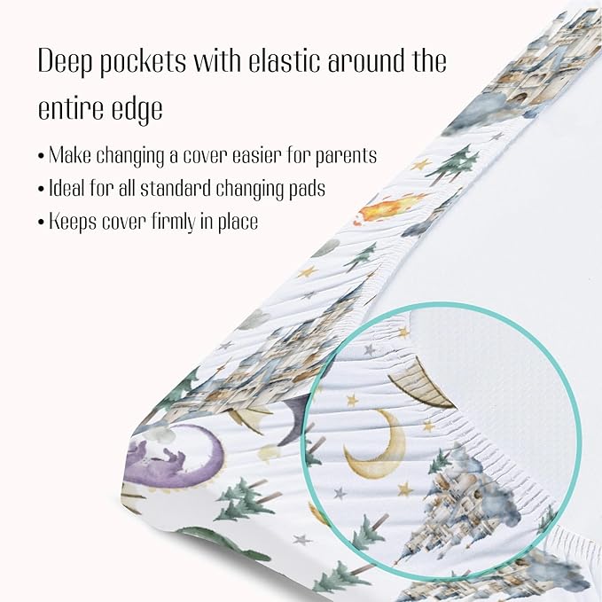 Baby Boy Girl Changing Pad Covers Dragon Tale Castle, Watercolor Green Moon Clouds Stars Tree Safe Snug Fitted Diaper Table Sheet, Soft Breathable Stretchy Change Mat Fit 32 34 x 16