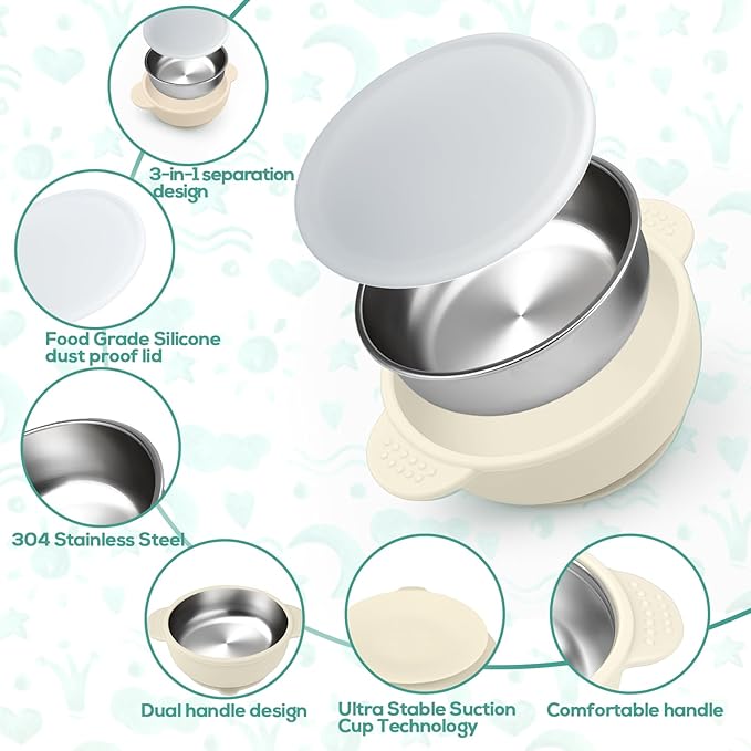 Mity rain Stainless Steel & Silicone Toddler Plates and Bowls Set with Suction,5-Piece Suction Plates & Bowls for Toddler,Removable Shell,Silicones Baby Plates for Independent Eating(Beige)