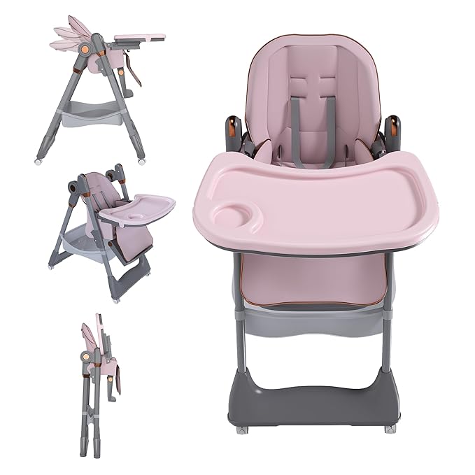 3-in-1 Foldable High Chair for Babies & Toddlers, Adjustable Height, Reclining Seat, Wheels with Safety Locks, Removable Tray, Space-Saving Multifunctional Baby Dining Chair (Pink)