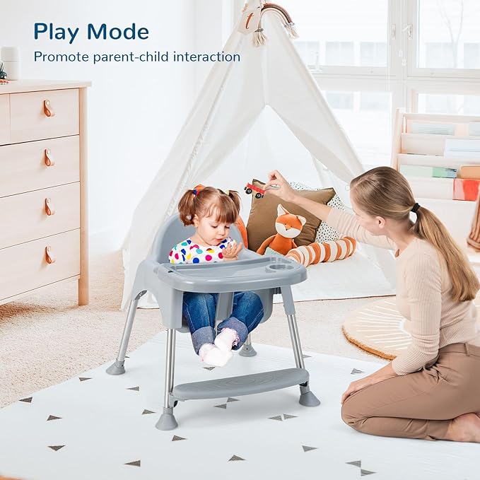 HONEY JOY Baby High Chair, 4 in 1 Convertible Highchair for Babies and Toddlers, Adjustable Legs, Double Removable Tray & Footrest, 3-Point Safety Harness for Infants Boys Girls (Gray)