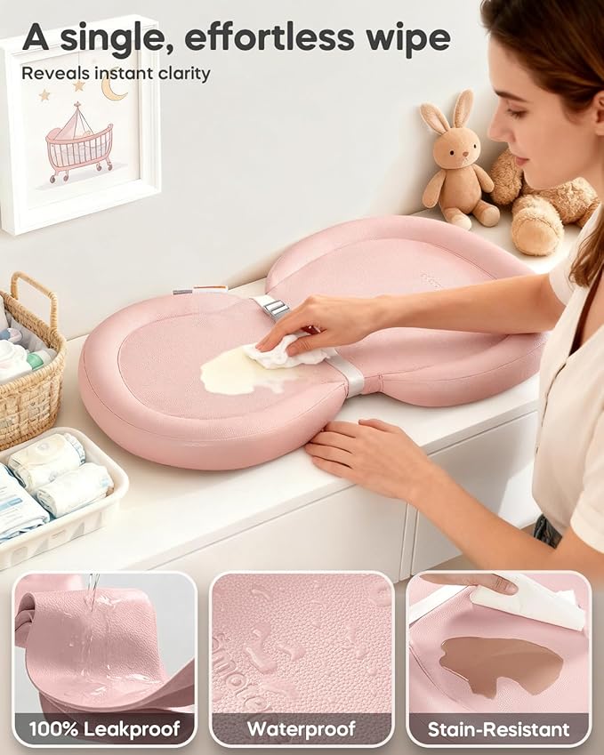 Baby Changing Pad, Waterproof Wipe-Clean Non-Slip Foldable PU Surface with Secure Belt, Ideal for Dresser Station, 24"x16", Pink