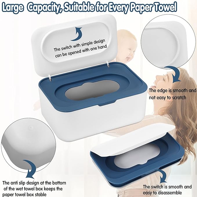 NOVWANG Wipes Dispenser Baby Wipe Holder with Lids, Keeps Wipes Fresh, Refillable Wipes Container with Sealing Design, Bathroom Tissues Wipes Case Box, Blue