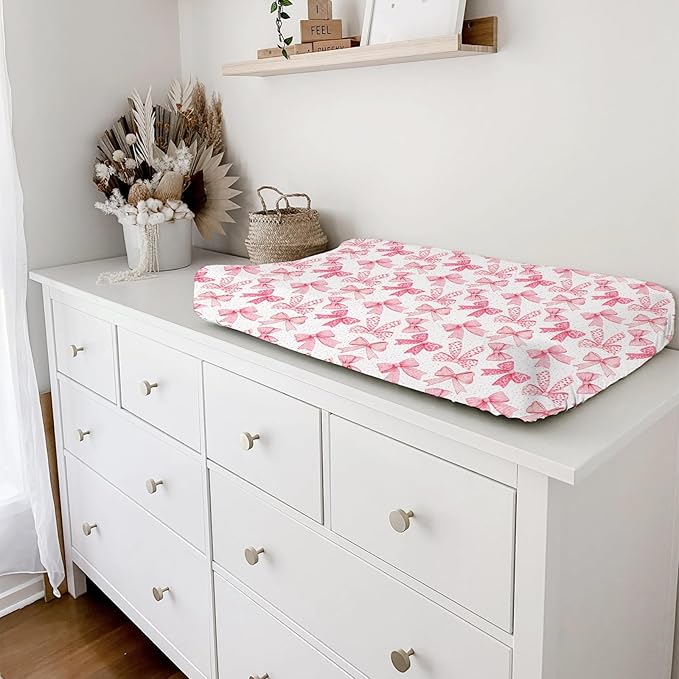 Pink Valentine's Bows Baby Changing Pad Covers for Girls 32''x16'' Girly Pink Hair Bows Fitted Diaper Change Table Pad Mats Valentine Hearts Love Soft Breathable Nursery Cradle & Bassinet Sheets Pink