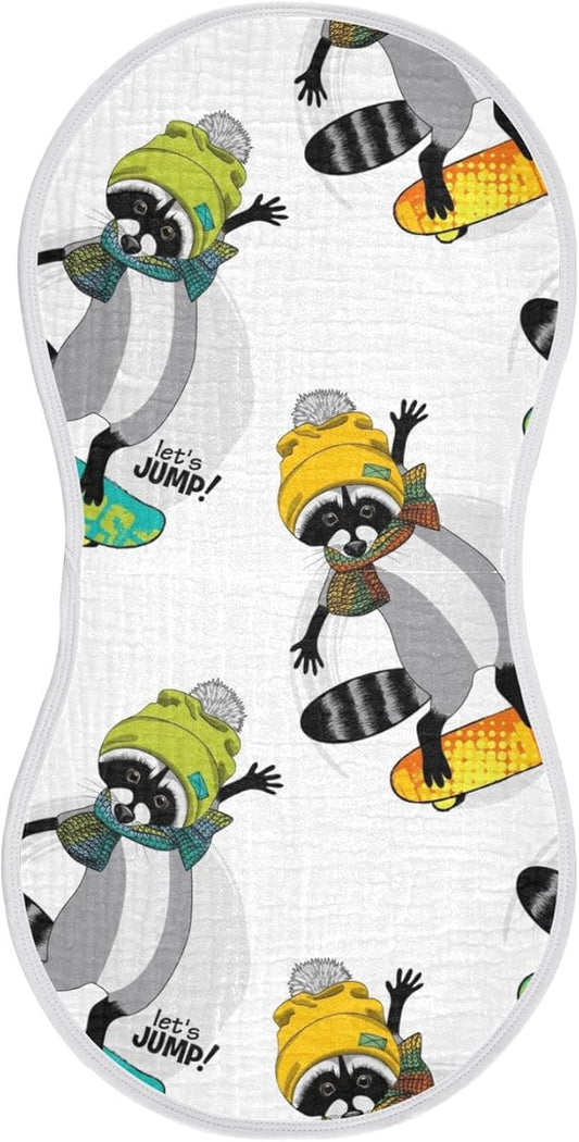 Raccoon and Skateboard Pattern Muslin Burp Cloths for Baby 1 Pack 100% Cotton Baby Washcloths Bibs for Boy Girl