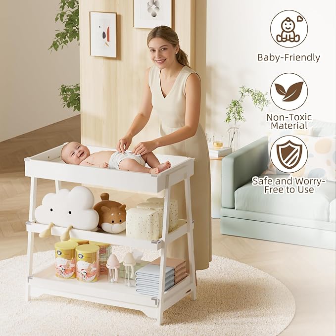 KORIMEFA Baby Changing Table with Two Open Shelves for Infant Daycare Essentials Storage - White with White Legs