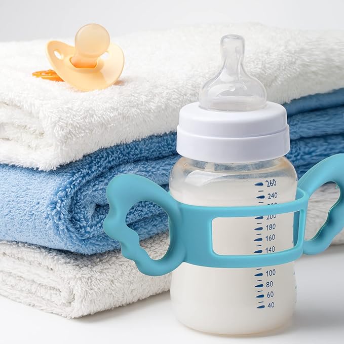 3 Pack Baby Bottle Handles Silicone Wide Neck Feeding Handle Easy Grip Lightweight Bottle Handle Small Hand Gripping for Self Feeding(Pink, Light Gray,Blue)